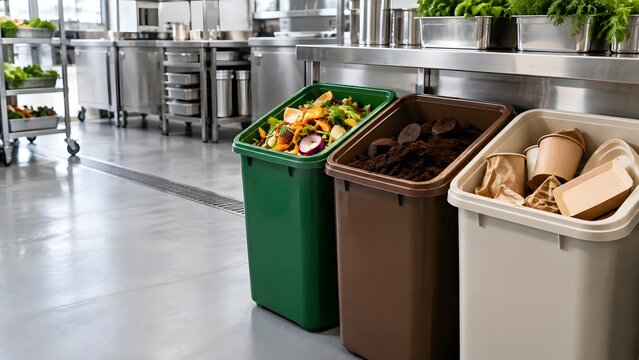 Waste sorting area in a commercial kitchen with recycling, compost, and trash bins