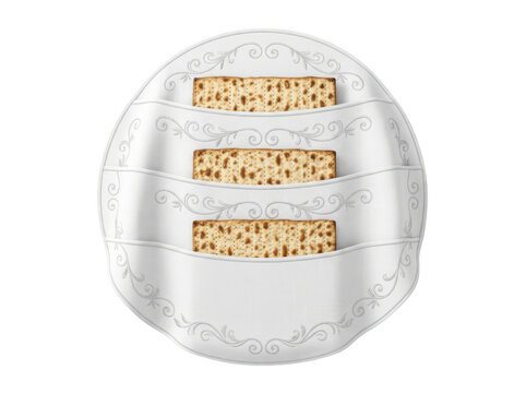 A white decorative matzah cover with three pockets containing rectangular matzah isolated on transparent background