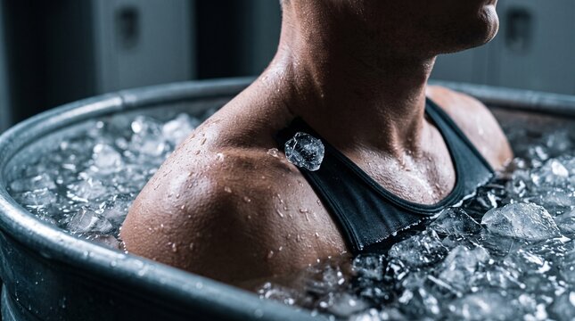 Close-up of a male athlete taking an ice bath for muscle recovery in cold water with ice cubes.