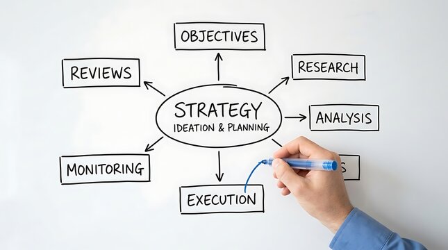 A person drawing a strategy ideation and planning mind map on a whiteboard