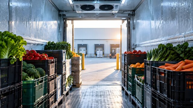 Fresh produce delivery at a loading dock during sunset