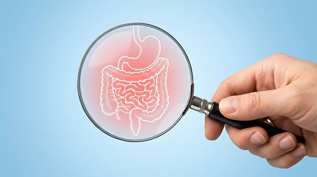 A hand holding a magnifying glass highlighting the human digestive system, including the stomach and intestines