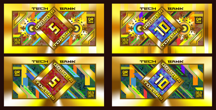 Vector set of abstract banknotes. Denominations, 5 and 10 gold tokens. Five and ten five. Golden bills. Tech bank. Futuristic money. Collection and hobby. Gradient notes. Game finance, business
