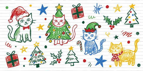 Fototapeta premium Hand-drawn Christmas cats doodle set on lined notebook paper