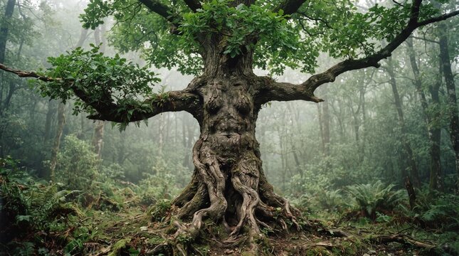 Mystical tree with a human female silhouette formed naturally from its trunk and branches inside a foggy green forest.