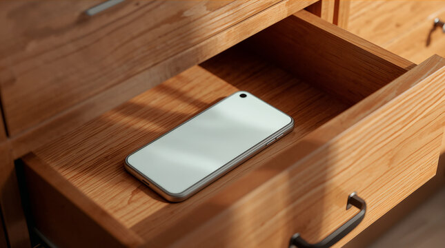 Generic phone placed in wooden drawer with no hand visible in warm daylight in minimalist digital detox concept generative AI
