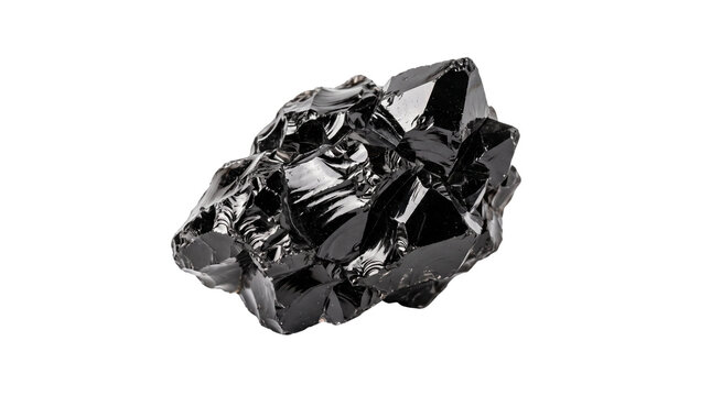 Black obsidian crystal stone, raw volcanic glass mineral specimen, dark glossy shungite rock for healing and meditation isolated PNG with Transparent Background