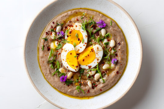 Delicious Ful Medames Dish with Egg and Fresh Herbs in Full Plate View