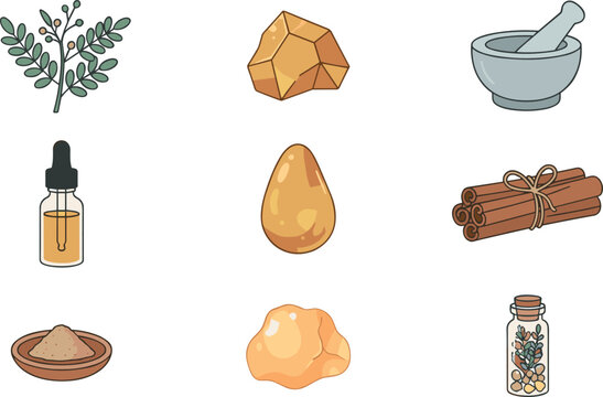 Vector illustration set of natural aromatherapy and incense ingredients featuring frankincense resin myrrh dropper bottle cinnamon sticks mortar and pestle icons