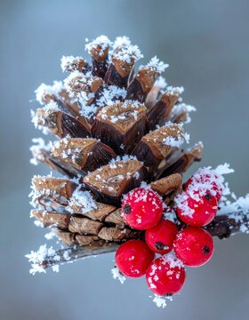 Close-up of Frosted Pinecone with Red Berries in Winter