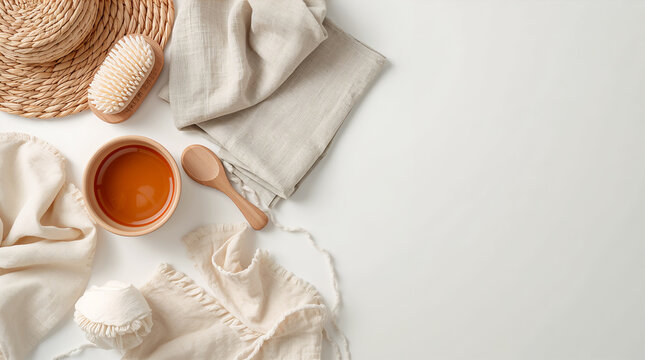 Bath time flat lay with wooden brush ceramic bowl muslin cloth and cream towel in minimalist natural neutral palette generative AI