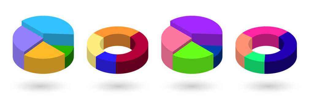 Colorful 3D pie charts for data visualization needs on transparent background