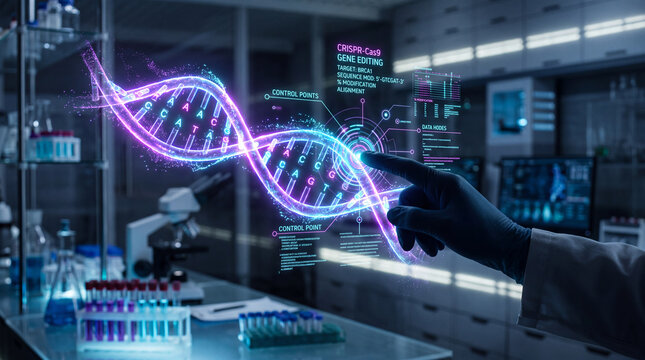 Scientist in glove interacting with futuristic CRISPR Cas9 gene editing HUD interface displaying 3D glowing DNA helix in a modern laboratory.