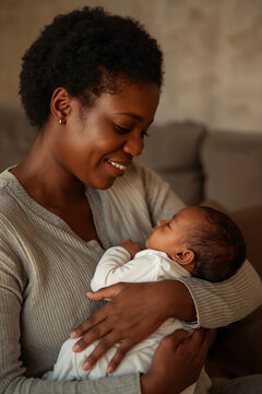 Vertical portrait of Black mother nursing her baby with soft focus and warm light in tender intimate diverse family breastfeeding moment generative AI