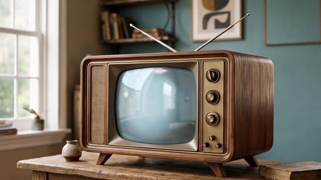 Retro vintage television set with antenna on wooden table in cozy room interior. Old TV receiver with knobs and blank screen.