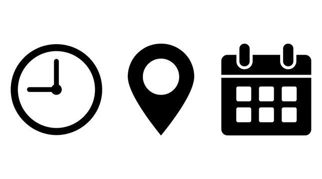 Time and place icon set featuring clock marker and calendar symbol