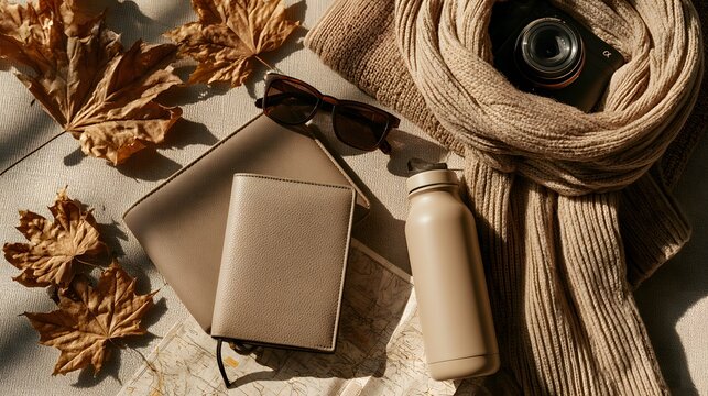 Cozy autumn travel flat lay with warm scarf, camera, water bottle, passport cover, and fall leaves