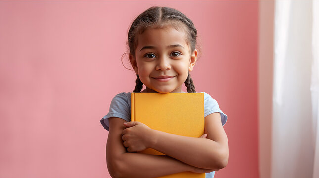 Portrait of little girl with braided hair gently holding school book against chest with arms crossed hiding hands in warm hopeful mood generative AI