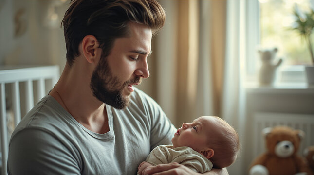 Bearded modern young father softly singing to baby in soft toned nursery with plush animals in warm calm intimate tender moment generative AI