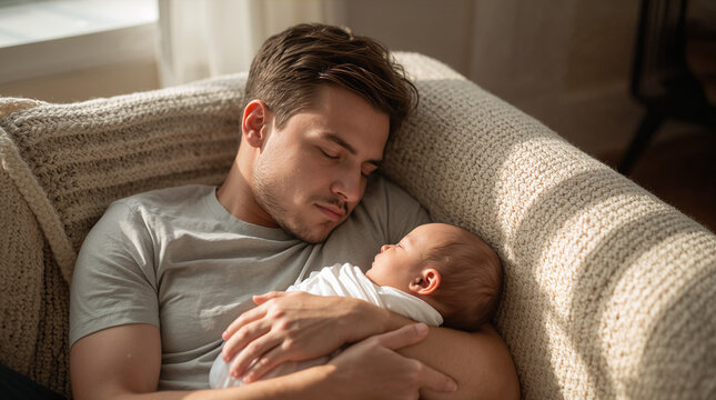 Young father and baby napping together on sunlit sofa under knit blanket in warm calm intimate cozy family resting moment generative AI