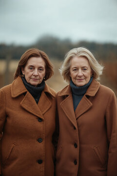 Two adult sisters in fifties in warm autumn coats on country walk with blurred farmland behind in calm familiar shared mood generative AI