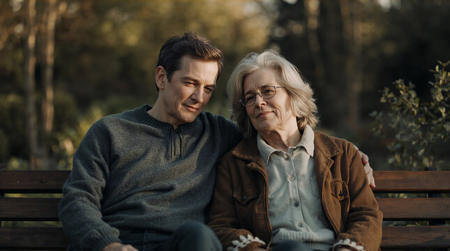 Brother and sister in mid forties sitting close together on wooden garden bench in soft warm afternoon light with blurred garden and familiar mood generative AI