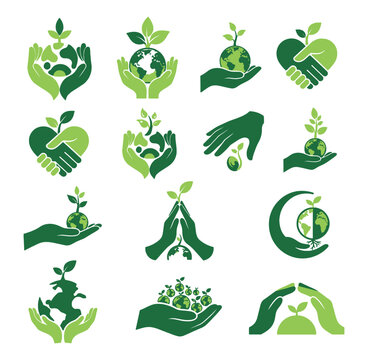 Set of Ecological Green Icons with Hands and Plants