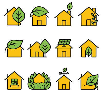Eco Friendly Green House Building Icon Set