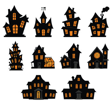 Set of Halloween Haunted House Silhouettes