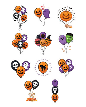 Set of Halloween Balloons and Pumpkin Vector Illustrations