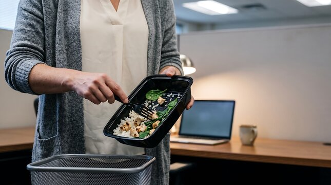 Woman throwing away leftover food in a plastic container at an office desk