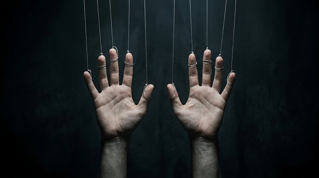Two human hands depicted like puppets, suspended by thin strings tied around each of their fingers against a dark, dramatic background