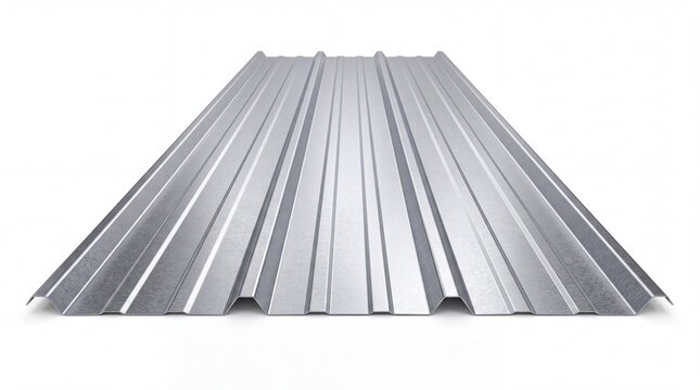 Corrugated metal roofing sheet with shiny silver finish viewed from a perspective angle on white background