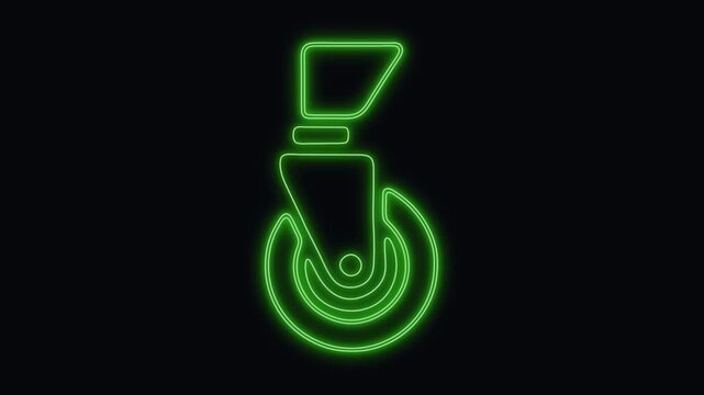 Caster wheel outlined in bright emerald neon light casts a luminous green glow against the deep shadows of a stark black studio background.