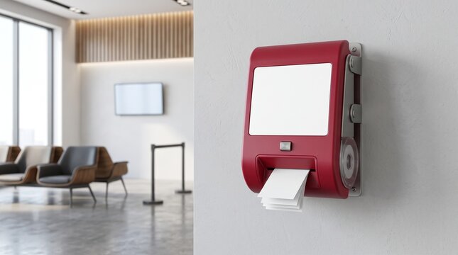 Red queue ticket dispenser mounted on white wall in modern corporate reception area waiting room lob