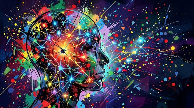 A vibrant digital art piece depicting a human head filled with glowing neural networks and exploding colors representing thoughts
