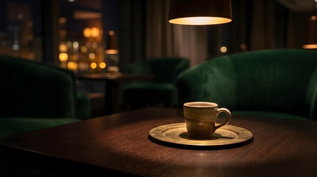 Moody coffee cup on wooden table in luxury lounge, emerald green velvet armchairs in dark hotel bar, cinematic evening cafe interior with warm lighting