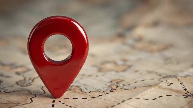 Red location pin marker standing on vintage world map with dashed travel route line. Navigation and geolocation concept for journey planning and destination