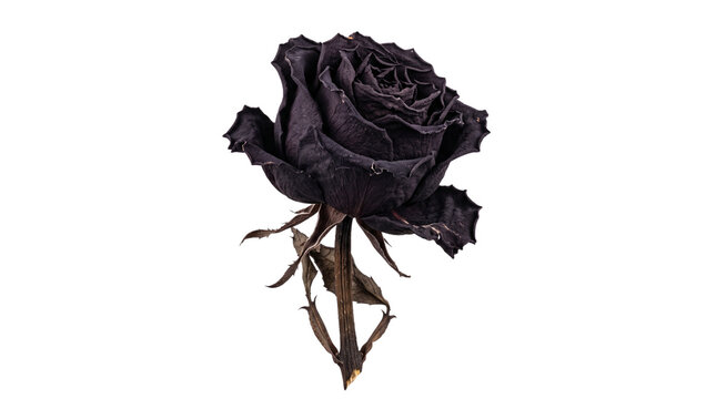 Gothic black rose flower with dried petals, dark floral bloom for mourning and sorrow, moody botanical element for halloween and gothic design isolated PNG with Transparent Background