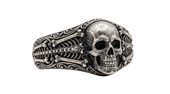 Gothic silver skull ring with ornate bone filigree, vintage biker jewelry accessory, oxidized sterling silver skull ring for men isolated PNG with Transparent Background