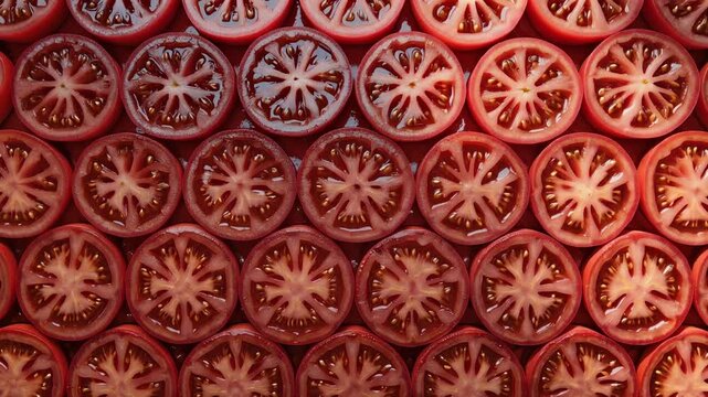 Sliced tomato halves arranged in dense pattern filling frame. Fresh red vegetables texture background.