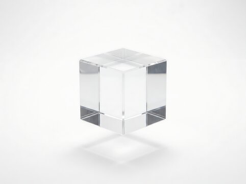 Transparent acrylic cube floating against white background with clear glass shape and minimalist studio lighting