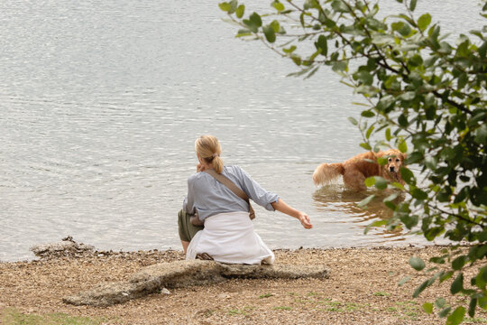 Eine Frau sitzt am Ufer und ihr Hund spielt im Wasser.