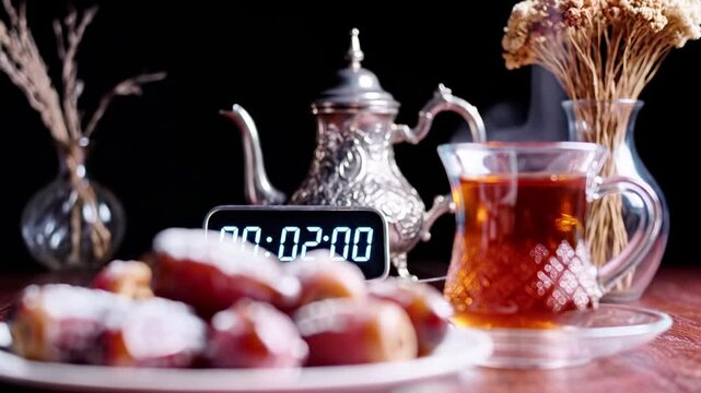 Ramadan dates and tea set with digital timer countdown