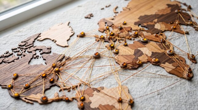 Wooden world map with network connections on a textured surface