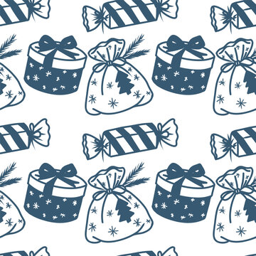 Hand drawn Christmas seamless pattern in blue line art style with christmas gifts and candies for seasonal festive design.	