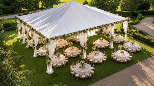 An aerial view of a large white wedding tent set up on a green lawn with round tables and chairs arranged for an outdoor garden celebration