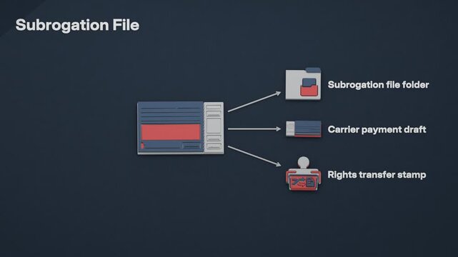 After the carrier pays the claim, the insured&rsquo;s assignment of recovery rights produces the file, payment draft and transfer endorsement needed to pursue reimbursement. Flat 3D style; objects