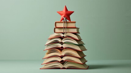 Fototapeta premium Surreal Christmas photo of a Christmas tree made of stacked books with bookmark star, pastel green wall.