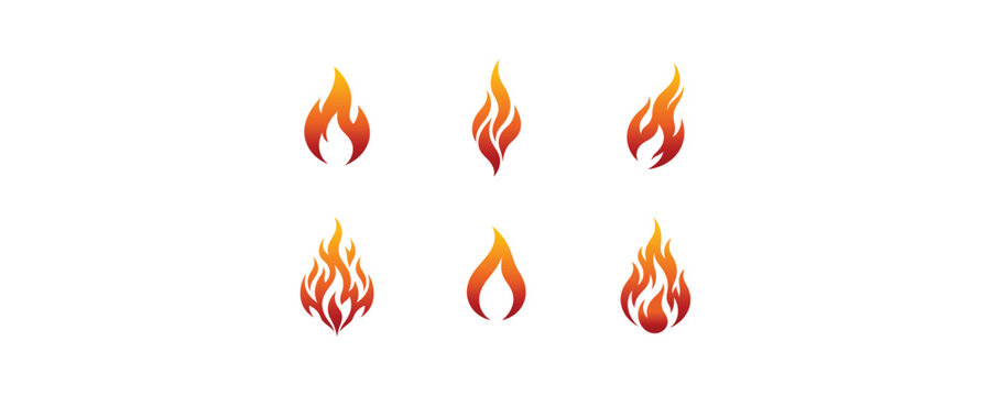 Collection of various stylized fire flame icons isolated on white background.